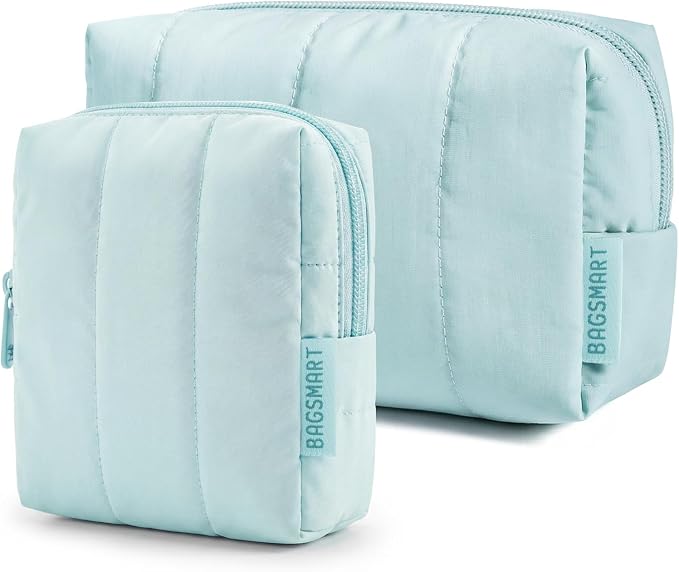 BAGSMART Makeup Bag Duo Set, Puffy Padded Travel Cosmetic Organizer with Slip-in Pockets, Large Toiletry Bag & Small Purse Pouch, Travel Essentials for Women, Blue by BAGSMART