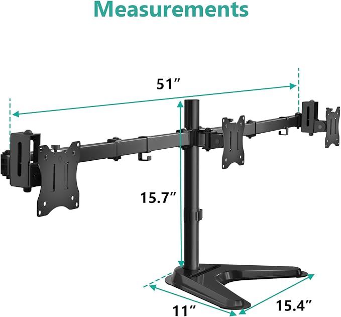 WALI Free Standing Triple Monitor Mount, Heavy Duty Triple Monitors Stand for 13-27 inch Screens, Adjustable 3 Monitor Arm Desk Mount with Swivel, Tilt, Rotation, Grommet Base (MF003N), Black - Image 8