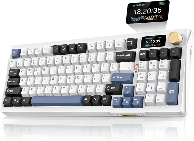 RedThunder K95 Wireless Mechanical Keyboard, TFT Screen & Knob, Tri-Mode BT5.0/2.4GHz/USB-C Hot Swappable Custom, Pre-lubed Linear Switches, Gasket Structure, RGB Gaming Keyboard, Snowy White-Blue by RedThunder