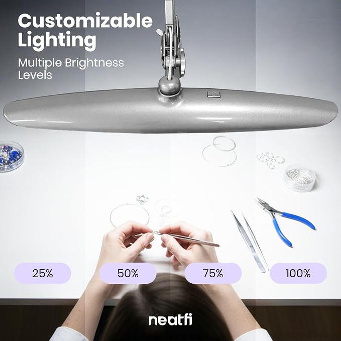 Neatfi XL 2200 Lumens 24W LED Desk Lamp – Shadow-Free Task Lighting | 4-Level Dimming | Home Office & Crafts Use | 20-Inch Wide Head (Silver, Non-CCT with Clamp) - Image 8
