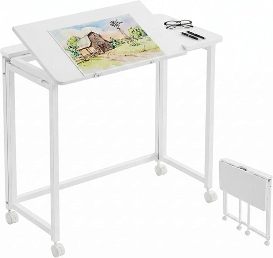 GreenForest Portable Folding Desk with Wheels, 31.5 inch Adjustable Tilt | Drafting Table Workstation for Small Spaces, Home Office, Drawing & Craft Projects，White by GreenForest