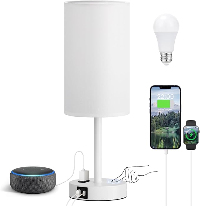 Fenmzee White Nightstand Bedroom Lamp - 3 Way Dimmable Bedside Lamp USB C A Charging Ports and AC Outlet, Small Table Lamp Linen Lampshade for Office Desk by Fenmzeelighting