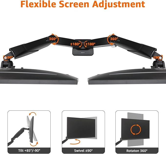 Amazon Basics Gas Spring Dual Monitor Arm Desk Mount, Adjustable Tension, Fits 15–27 Inch Monitors, Supports 4.4–15.4 lbs Each Arm, VESA 75x75/100x100, Black - Image 4