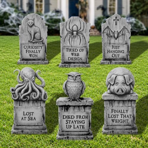 6 Pack Halloween Graveyard Decorations Outdoor, Funny Animal Cemetery Yard Signs with Stakes, Spooky Cat Bat Spider Owl Pig Tombstones, 11" x 17" Lawn Yard Signs for Halloween Outdoor Décor by LimBridge