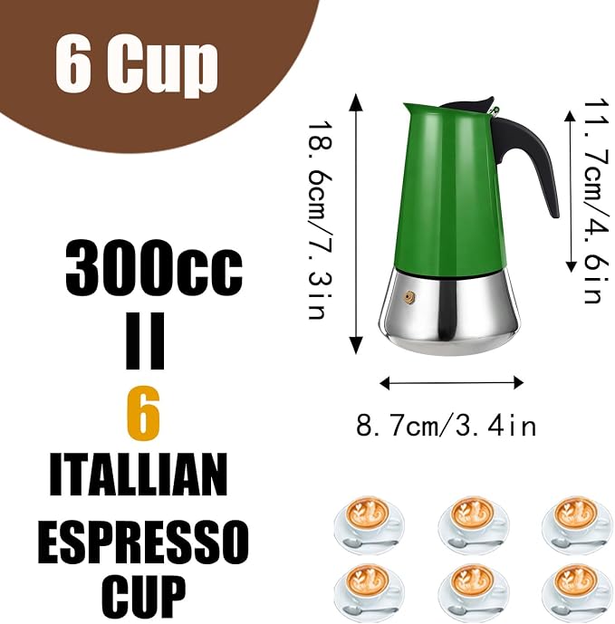 6 Cup Stovetop Espresso Maker Stainless Steel Moka Pot Stove Top Percolator Italian Coffee Makers Capable Mocha Greca Machine Cafe Classic Induction Cookers for Home and Camping 300ml 10oz - Image 3