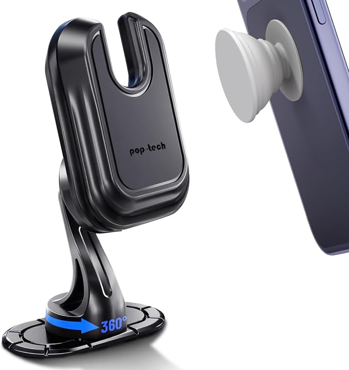 Car Phone Mount for Pop Socket: Strong Adhesive Cell Phone Holder for Automobile Dashboard - Adjustable Dash Sticky Cellphone Stand for iPhone Samsung with Thick Socket Wallet Grip Card Holder by pop-tech