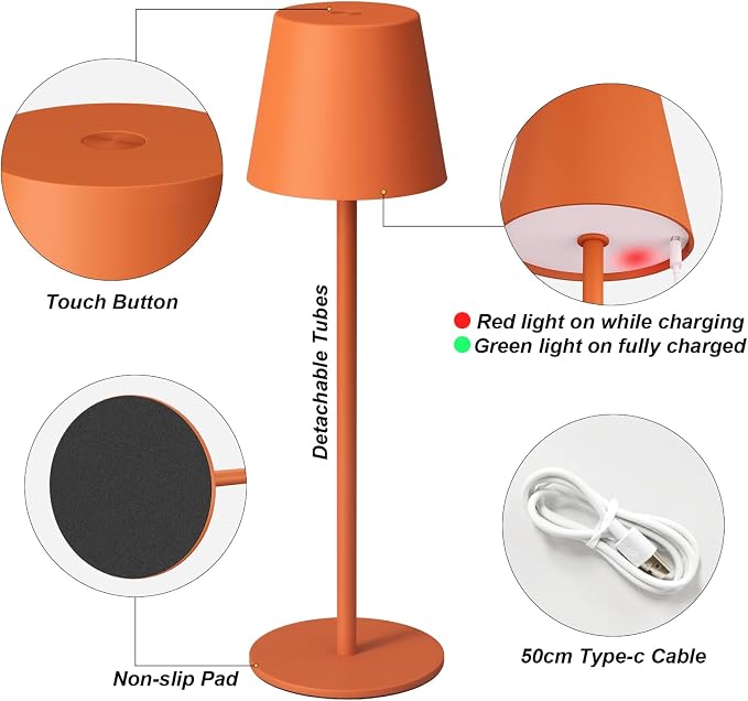 Kakanuo Cordless Table Lamp Rechargeable Orange - KK 2 Pack 5000mAH Battery Operated Lamp for Counter, 3 Color Stepless Dimming Wireless Lamp for Dining Kitchen, Outdoor Patio, Touch Control - Image 6