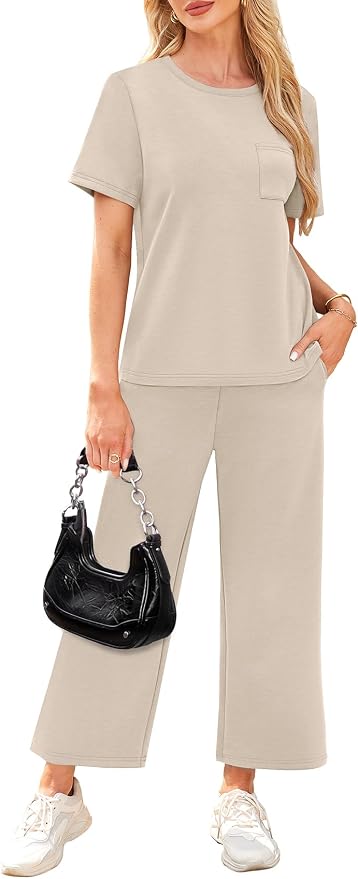 WIHOLL 2 Piece Sets for Women Casual Summer Travel Vacation Outfits Short Sleeve Wide Leg Crop Pants Lounge Sets - Image 4