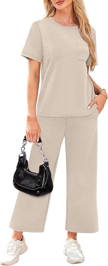 WIHOLL 2 Piece Sets for Women Casual Summer Travel Vacation Outfits Short Sleeve Wide Leg Crop Pants Lounge Sets - Image 4