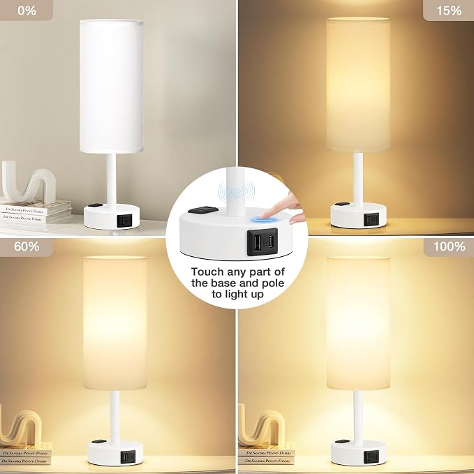 Fenmzee Matte White Bedside Table Lamp for Bedroom - 3 Way Dimmable Touch Lamp USB C Charging Ports and AC Outlet, Small Lamp Round Flaxen Fabric Shade for Living Room, Desk, LED Bulb Included - Image 3