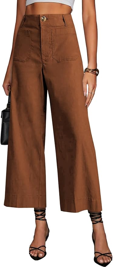 miduo Womens High Waisted Cropped Wide Leg Stretchy Straight Pants Trousers with Pockets by miduo