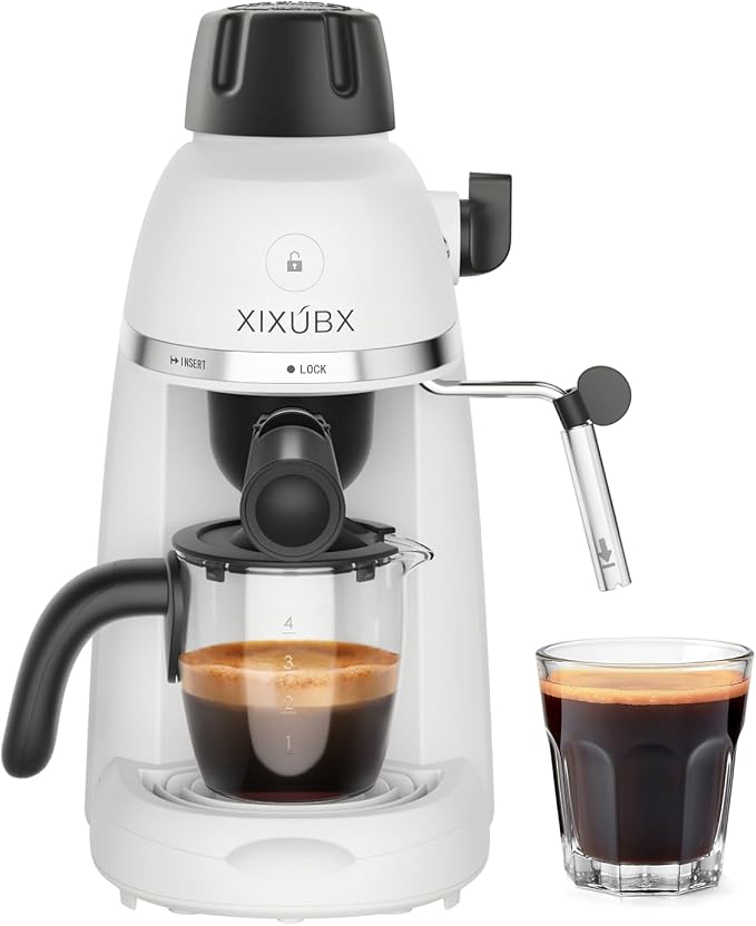 XIXUBX Compact Espresso & Cappuccino Machine, 3.5 Bar with Steam Wand | 800W Fast Heating, Safety Lock & Tritan Cup, One-Touch 4-Cup Brewing & Powerful Steam for Latte, White for Home & Office by XIXUBX