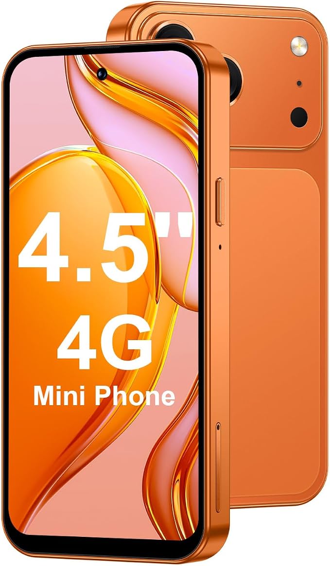 4.5'' Mini Phone 64GB Unlocked 4G Mobile Smartphone with 2000mAh Battery Compact Backup Mini Phone for Kids & Students Dual SIM Face ID Orange | 4.5'' HD Screen by Unknown