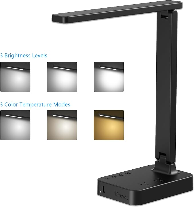 Drevet LED Desk Lamp for College Dorm Room, Desk Light with 1 USB Charging Port 2 AC Power Outlet, 3 Lighting Modes, 3 Level Brightness Touch Lamp, Eye-Caring Home Office Foldable Table Lamp - Image 2