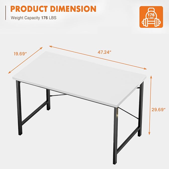 Sweetcrispy Small Computer Desk, 47" Office Writing Desk with Metal Frame & Wooden Top, X-Shaped Reinforcement, Student Study Home Bedroom Table, White - Image 9