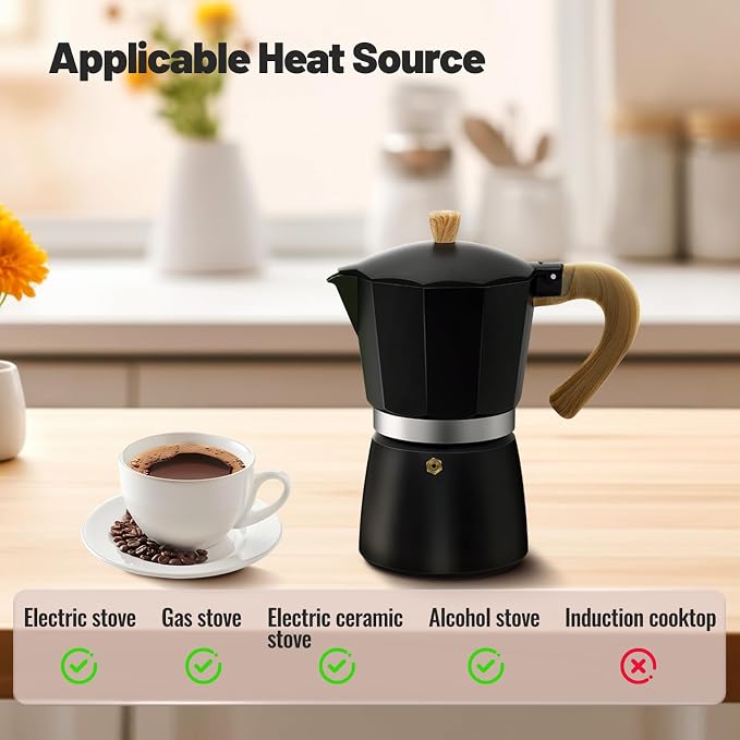 6 Cup Aluminum Moka Pot Classic Stovetop Espresso Coffee Maker 300ml 10oz Coffeemaker Percolator Mocha Pot Greca Coffee Maker Cafe Makers for Italian and Cuban Café Brewing Black - Image 4