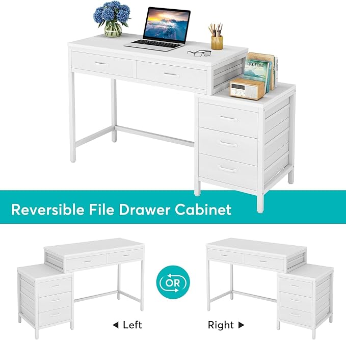 Tribesigns Computer Desk with 5 Drawers, Reversible Home Office Desks | Small Desk with Drawer Cabinet Printer Stand, PC Desk with Storage, White Study Writing Table Workstation for Small Spaces - Image 7