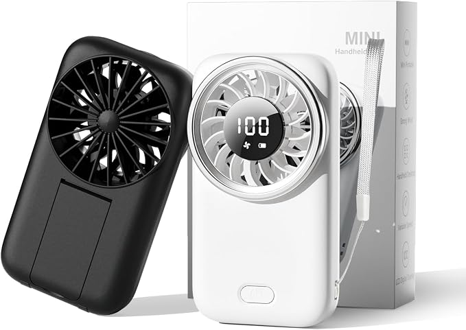 2-Pack Mini Handheld Fan with Stand, 5 Gear Wind & 1-100 Stepless Speed, Long Working Time, Rechargeable Portable Desktop Fan for Office, Home, Travel, Outdoor (Black+White) by Unknown