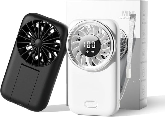 2-Pack Mini Handheld Fan with Stand, 5 Gear Wind & 1-100 Stepless Speed, Long Working Time, Rechargeable Portable Desktop Fan for Office, Home, Travel, Outdoor (Black+White) by Unknown