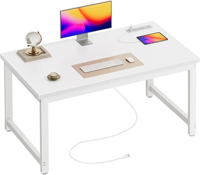 Huuger 48 x 24 inch Desk with Power Outlets & USB-C, Deeper & Thicker Desktop, Robust Metal Tubes, Computer Desk, Heavy Duty Office Desk, Work Gaming Desk for Home Office, White by Huuger