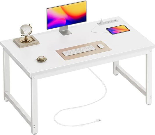 Huuger 48 x 24 inch Desk with Power Outlets & USB-C, Deeper & Thicker Desktop, Robust Metal Tubes, Computer Desk, Heavy Duty Office Desk, Work Gaming Desk for Home Office, White by Huuger