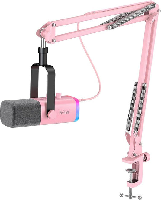 FIFINE AmpliGame AM8TP XLR Gaming Microphone USB PC Dynamic Mic Kit | Streaming RGB Mic with Headphone Jack, Mute Button, Boom Arm Stand for Computer/Mixer, for Vocal, Recording, Podcast, Pink by FIFINE