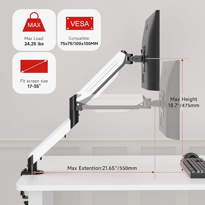 Suptek Monitor Mount Gas Spring Monitor Arm Desk Mount Fully Adjustable Fits 17 20 22 23 24 26 27 32 35 inch Monitors Weight Capacity up to 24.25 lbs (Black+White, 17"-35") - Image 2