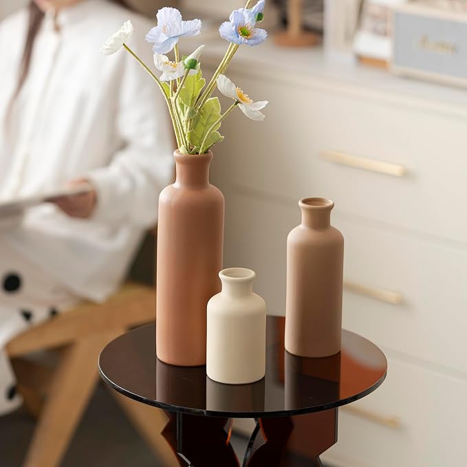 Modern Ceramic Vase Set of 3, Neutral Colors, Decorative Bottles for Home, Earth Tone Farmhouse Rustic Decor, Housewarming Gifts, Wedding Gifts, Birthday Gifts for Women(Coffee Mix) - Image 8