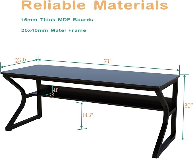 OSCHF 71-Inch Extra Long Desk with Storage Shelf, Black | Double Long Writing Table, Space-saving, 2-Person Workstation, Modern Study Work Computer Desk, For Home Office - Image 2