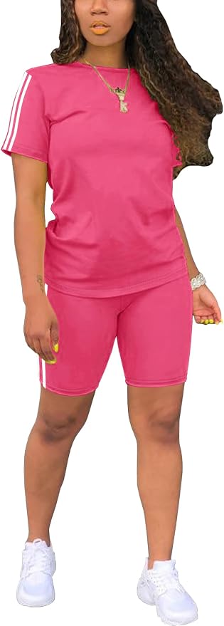 STOLKISS Women 2 piece Short Sets Classic Striped Outfits Summer Casual Short Sleeve T-Shirt and Short Jogger Tracksuits Sets by STOLKISSWOMENSCLOTHES
