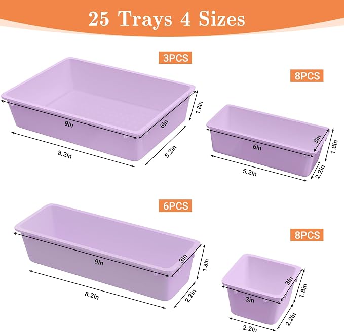 SpaceHacks 25 PCS Plastic Drawer Organizer Set, 4-Size Versatile Organizer Trays & storage Bins for Makeup, Jewelry, and Gadgets in Bathroom, Bedroom and Office, Purple - Image 2