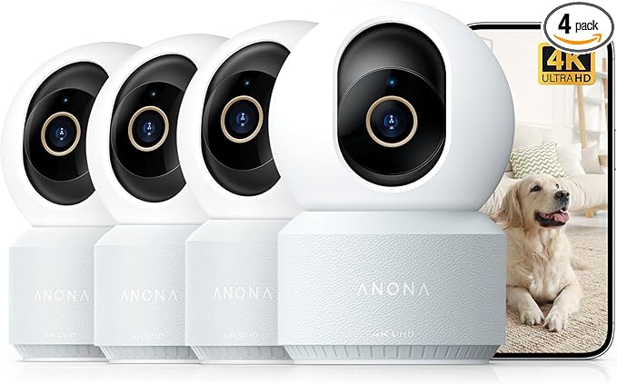 Anona 4K UHD Indoor Camera, Pet/Dog/Baby Security Camera with Phone App, 360°Pan-Tilt, 2.4G/5G Dual-Band Wi-Fi 6, Auto-Tracking, Person/Pet/Baby Crying Detection, Privacy Mode, Two-Way Audio, 4 Pack by Anona