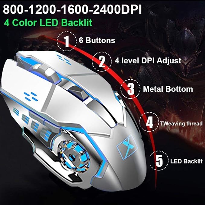 Wireless Keyboard and Mouse, Blue LED Backlit Rechargeable Keyboard with 3800mAh Battery, Metal Panel, Removable Hand Rest Mechanical Feel, 7 Color Gaming Mute Mouse for PC Gamers - Image 6