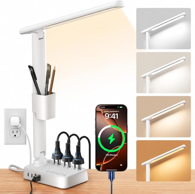 LED Desk Lamp with Power Strip, 3 AC Outlets & 4 USB Ports (2 USB-C), Stepless Dimming&2800K-6500K Eye-Caring Desk Light, Foldable Table Lamp with 10FT Cord for Home Office, Dorm Room Essentials White by Sompaty