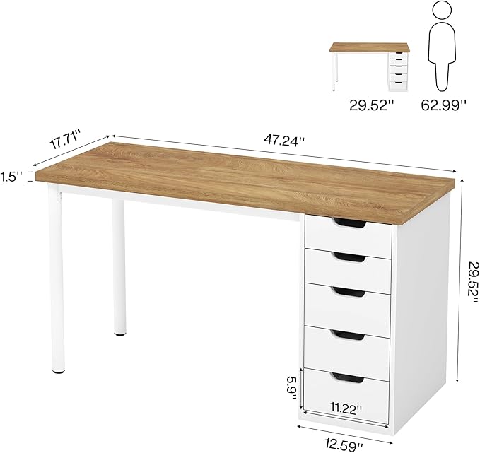 Tribesigns Computer Desk with 5 Drawers, 47 inches Rustic Brown Home Office Desk with Storage, Modern Simple Laptop Desk Study Writing Table for Small Spaces (1, Walnut+White) - Image 2