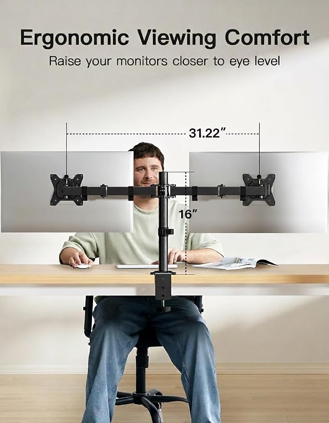 HUANUO Dual Monitor Mount for 2 Monitors up to 32 inches, Heavy Duty Dual Monitor Stand Holds up to17.6lbs, Dual Monitor Arm with Height Adjustable Tilt Swive Rotate, VESA Hole 75mm or 100mm - Image 5