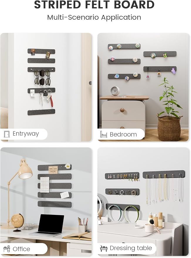 Fluxynara 13" x 2" Felt Wall Panels, Charcoal Gray | 5-Pack Cork Board Alternative with 35 Push Pins, Adhesive Mounting for Bedroom Door or Home Office - Image 6