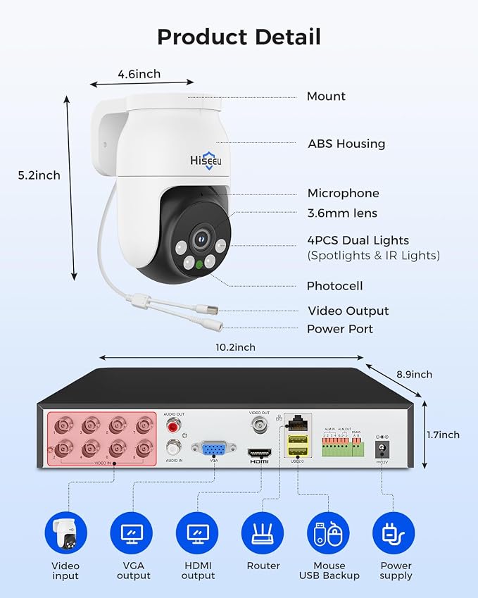 Hiseeu 4K PTZ Wired Security Camera System with 8 x 8MP CCTV Cameras | 360° Coverage,Smart Color Night Vision,Audio,Person/Vehicle Detection,8MP DVR,2TB HDD for 24/7 Recording,Surveillance DVR Kit - Image 9