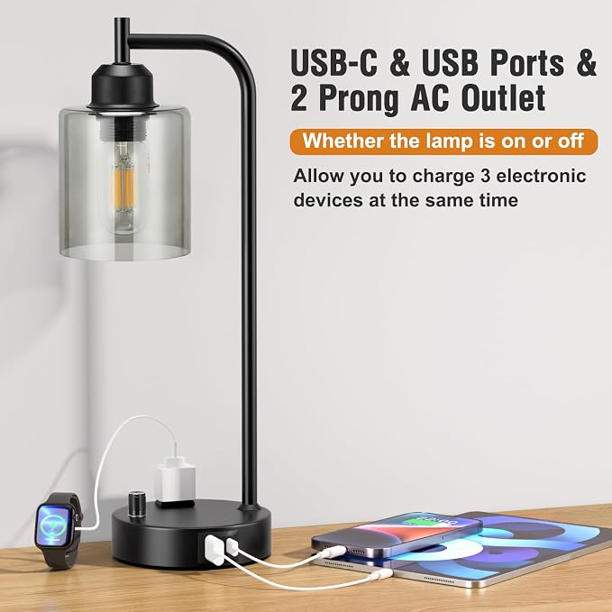 Industrial Desk Lamps for Office Set of 2 - Fully Dimmable Bedside Lamps with USB A C Ports and Outlet, Black Nightstand Lamps with Grey Glass Shade for Living Room, Table Lamps for Bedrooms Reading - Image 6