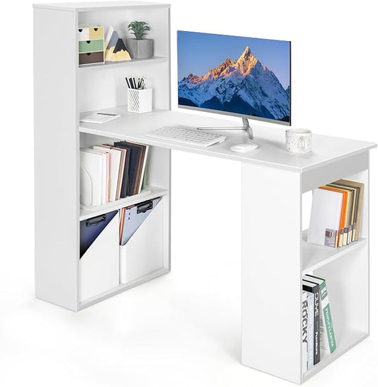 Giantex 48 Inch Computer Desk with Bookshelf, 3-in-1 Home Office Desk with 4-Tier Bookcase & CPU Stand, Space-Saving Reversible Writing Desk Work Table for Bedroom, Study Room, Office (White) by Giantex