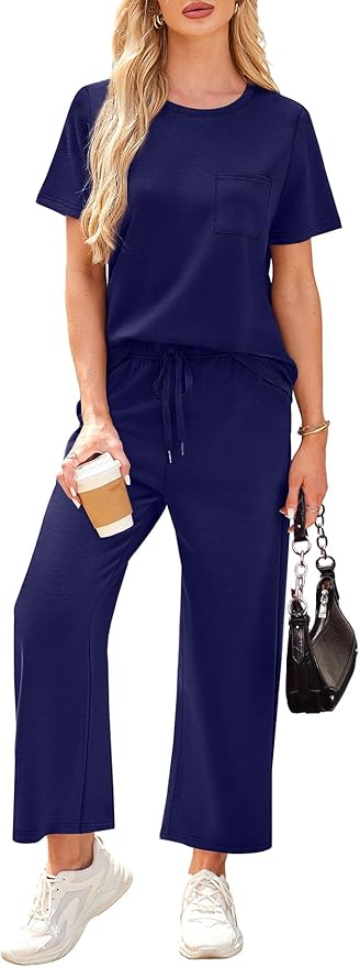 WIHOLL 2 Piece Sets for Women Casual Summer Travel Vacation Outfits Short Sleeve Wide Leg Crop Pants Lounge Sets - Image 3