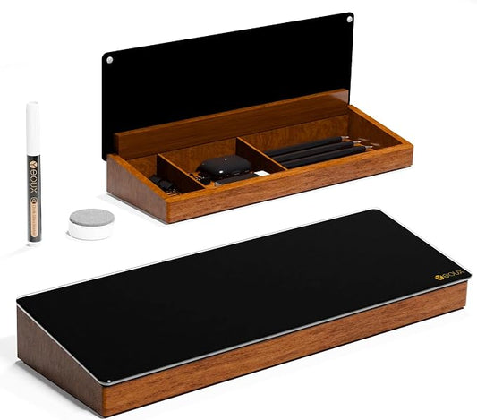 Desktop Black Glass Dry Erase Board with Wood Organizers for Small Office Supplies, Desk Whiteboard with Drawer for Home Office Cubicle, Accessories Included, Yeoux | Build With Soild Walnut Wood & Tempered Glass, Small Office Supplies Storage, For Hom... by Yeoux