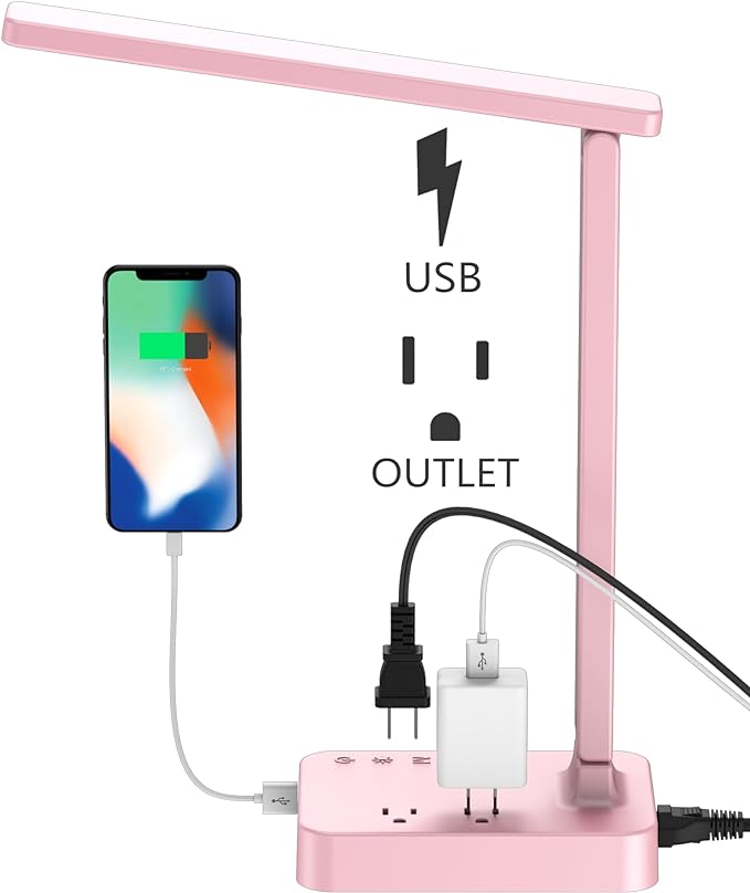 Drevet LED Desk Lamp, Desk Light with 1 USB Charging Port and 2 AC Power Outlet, 3 Lighting Modes, 3 Level Brightness,1H Timer, Touch Control, Eye-Caring Home Office Foldable Table Lamp (Pink) by Drevet