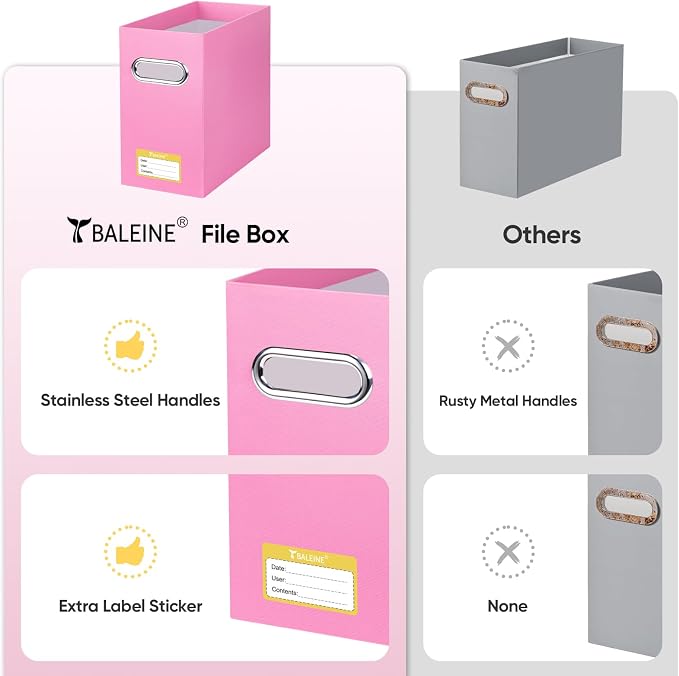 BALEINE File Organizer Box, Cardboard File Folder Organizer with Handle for Letter Size, Portable Collapsible Hanging Filing Box for Home Office Document Storage (8 Pack, Pink) - Image 5