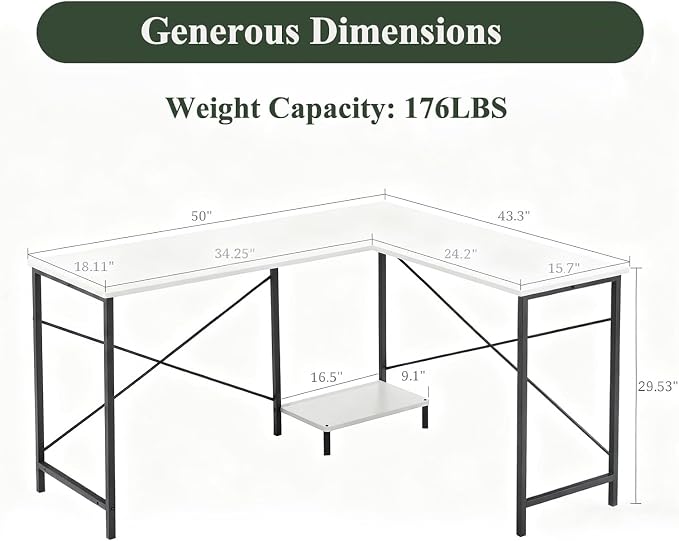 L Shaped Desk Computer Desk, 50inch White Gaming Desk with CPU Stand | Reversible Corner Desk, Sturdy Metal Frame, Student Study Writing Table for Home Office - Image 3