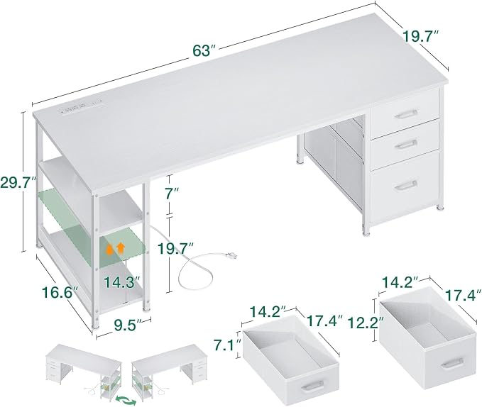 AODK 63 Inch Computer Desk with Drawers & USB Power Outlets | Reversible Home Office Desk with Storage Shelves, Work from Home, Modern Work/Writing/Study Table for Bedroom, White - Image 3