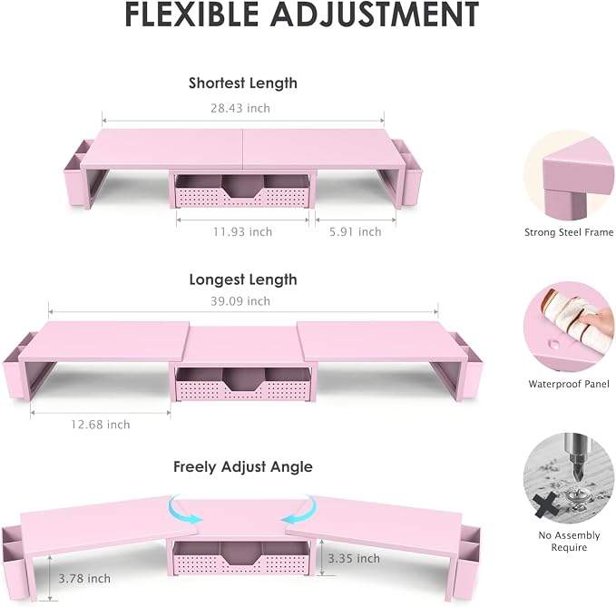 OPNICE Desk Organizers and Accessories, Dual Monitor Stand Riser with Drawer and 2 Pen Holders, Desk Shelf Metal Computer Racks for Office Workspace Organizers, Desktop Organization (Pink Metal) - Image 3