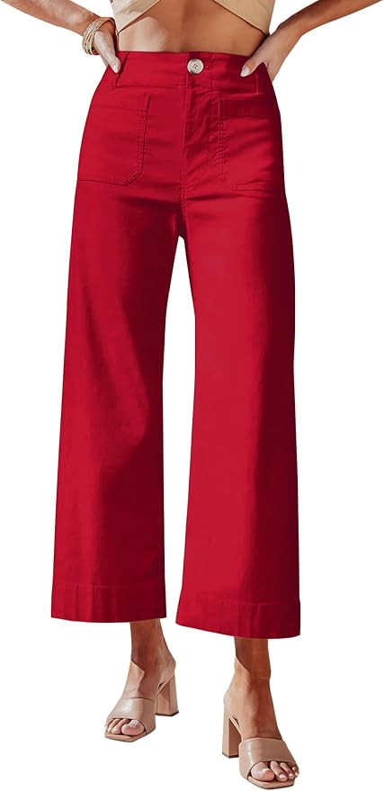 miduo Womens High Waisted Cropped Wide Leg Stretchy Straight Pants Trousers with Pockets by miduo
