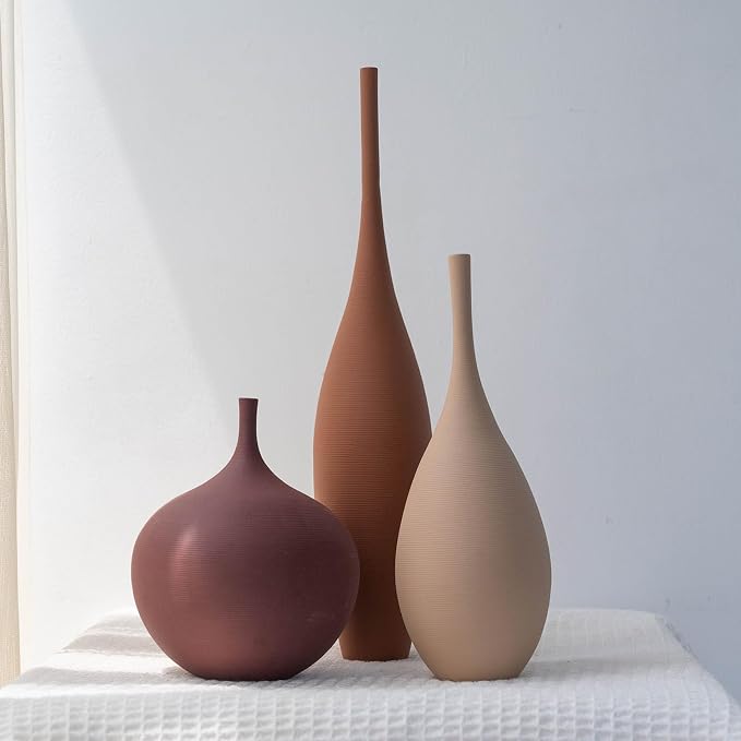 Relexome Ceramic Modern Vase Set of 3 Farmhouse Decorative Vase Minimalist Aesthetic Vases for Centerpieces Matte Ribbed Vases for Home Decor Table Entryway Living Room (Brown+Khaki+ Dark Red) by Relexome