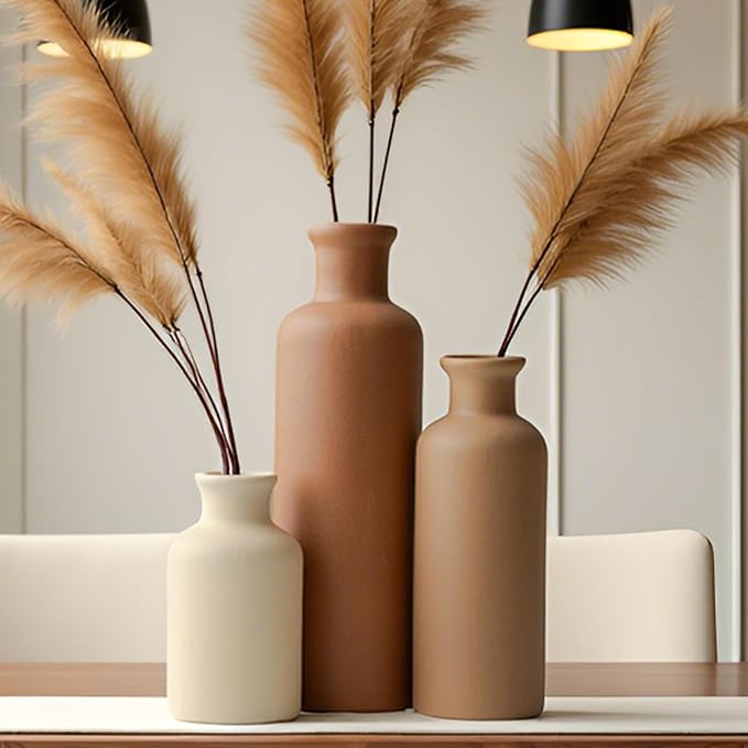 Modern Ceramic Vase Set of 3, Neutral Colors, Decorative Bottles for Home, Earth Tone Farmhouse Rustic Decor, Housewarming Gifts, Wedding Gifts, Birthday Gifts for Women(Coffee Mix) - Image 2